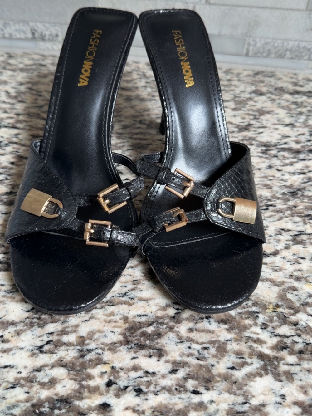 Fashion Nova Women's Black Strappy Slide Heels with Gold Buckles